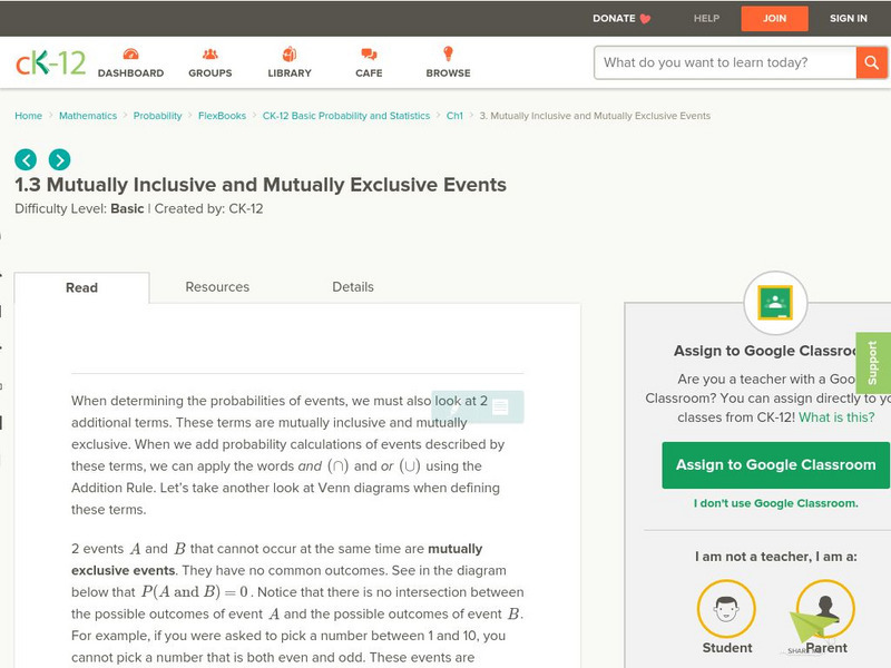 Ck 12: Mutually Inclusive and Mutually Exclusive Events eBook Ck 12: Mutually Inclusive and Mutually Exclusive Events eBook