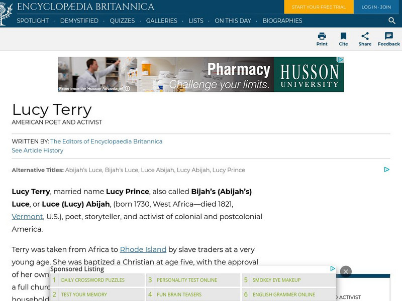 Encyclopedia Britannica: Lucy Terry Handout Encyclopedia Britannica: Lucy Terry Handout