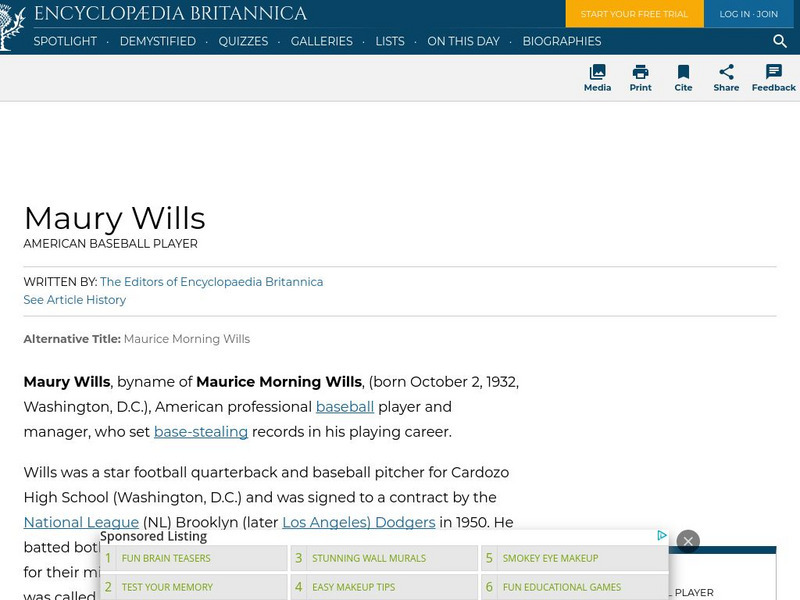 Encyclopedia Britannica: Maury Wills Handout Encyclopedia Britannica: Maury Wills Handout