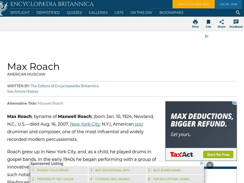 Encyclopedia Britannica: Max Roach Handout Encyclopedia Britannica: Max Roach Handout