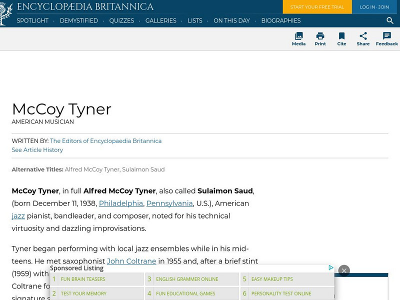 Encyclopedia Britannica: Mc Coy Tyner Handout Encyclopedia Britannica: Mc Coy Tyner Handout