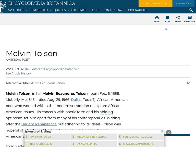 Encyclopedia Britannica: Melvin Tolson Handout Encyclopedia Britannica: Melvin Tolson Handout