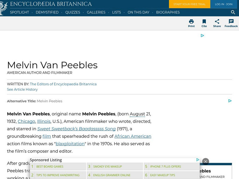 Encyclopedia Britannica: Melvin Van Peebles Handout