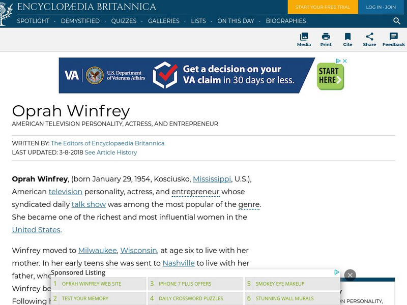 Encyclopedia Britannica: Oprah Winfrey Handout Encyclopedia Britannica: Oprah Winfrey Handout