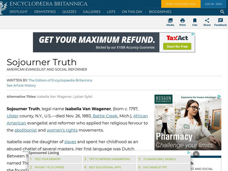 Encyclopedia Britannica: Sojourner Truth Handout Encyclopedia Britannica: Sojourner Truth Handout