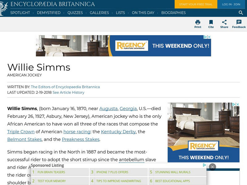 Encyclopedia Britannica: Willie Simms Handout Encyclopedia Britannica: Willie Simms Handout