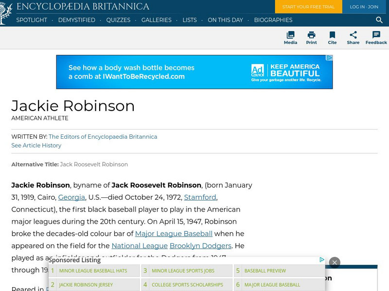 Encyclopedia Britannica: Jackie Robinson Handout
