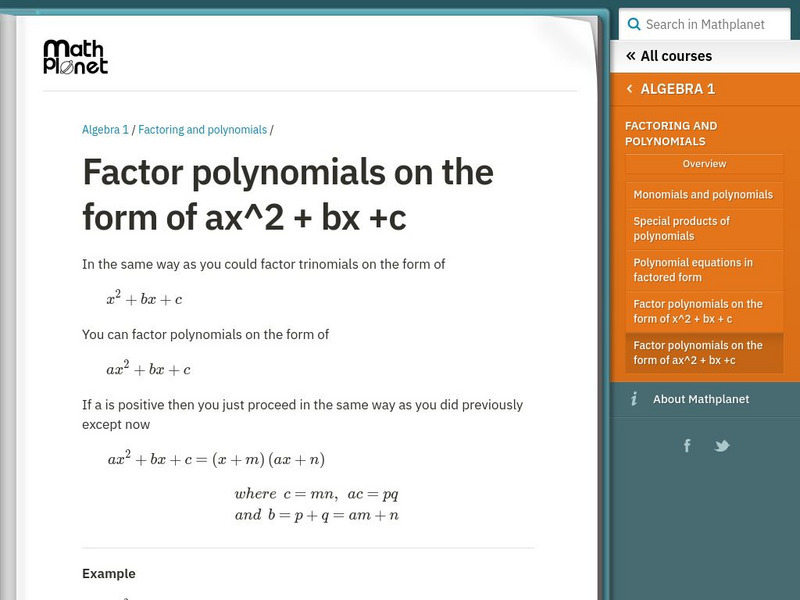 Math Planet: Factor Polynomials on the Form of Ax^2 + Bx +C Unit Plan Math Planet: Factor Polynomials on the Form of Ax^2 + Bx +C Unit Plan