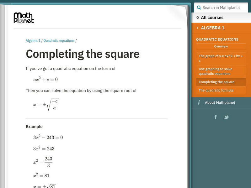 Math Planet: Completing the Square Unit Plan Math Planet: Completing the Square Unit Plan