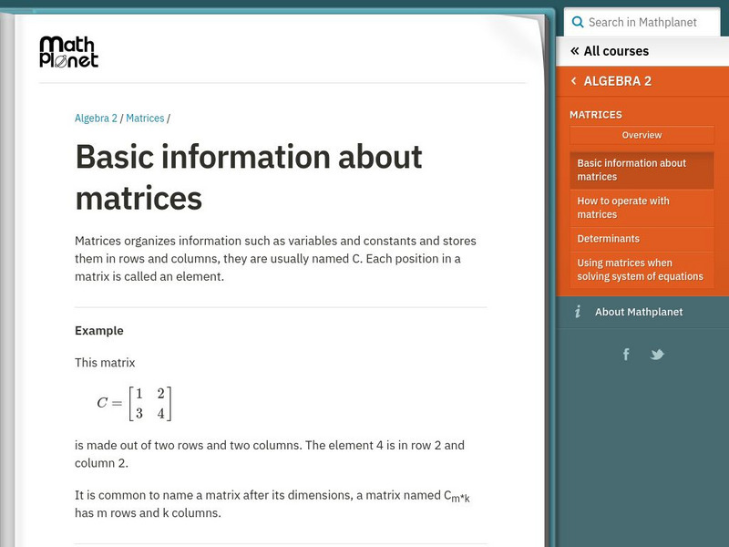 Math Planet: Algebra 2: Matrices: Basic Information About Matrices eBook Math Planet: Algebra 2: Matrices: Basic Information About Matrices eBook