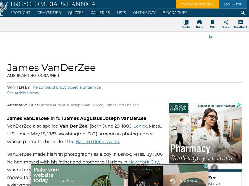 Encyclopedia Britannica: James Van Der Zee Handout Encyclopedia Britannica: James Van Der Zee Handout