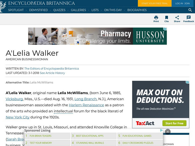 Encyclopedia Britannica: A'lelia Walker Handout Encyclopedia Britannica: A'lelia Walker Handout