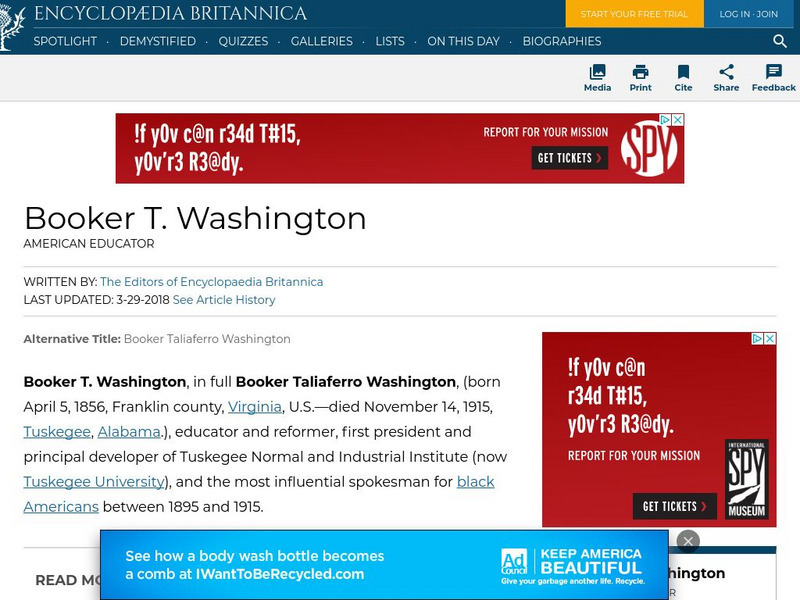 Encyclopedia Britannica: Booker T. Washington Handout Encyclopedia Britannica: Booker T. Washington Handout