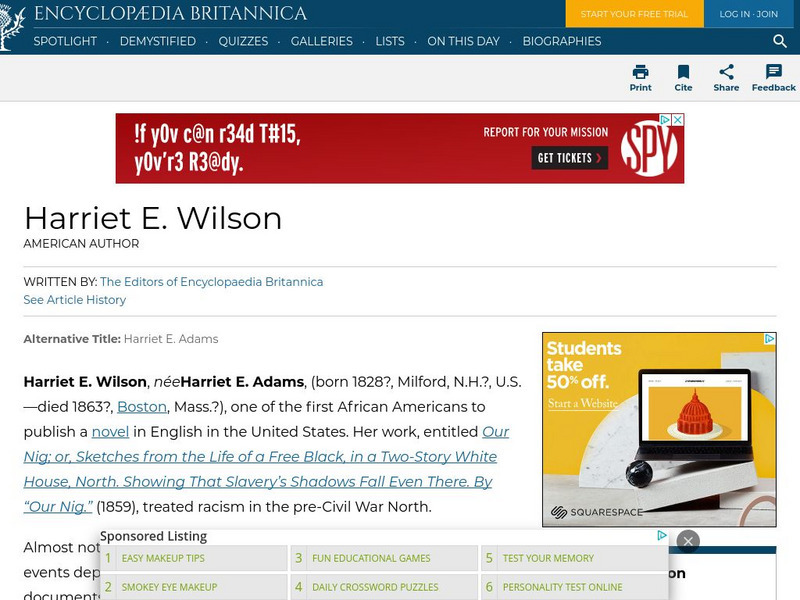 Encyclopedia Britannica: Harriet E. Wilson Handout Encyclopedia Britannica: Harriet E. Wilson Handout