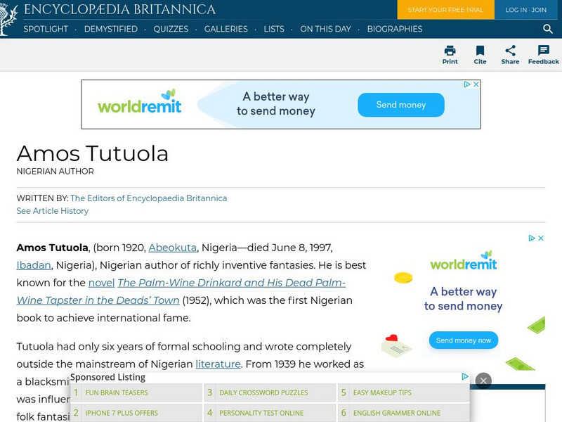 Encyclopedia Britannica: Amos Tutuola Handout Encyclopedia Britannica: Amos Tutuola Handout