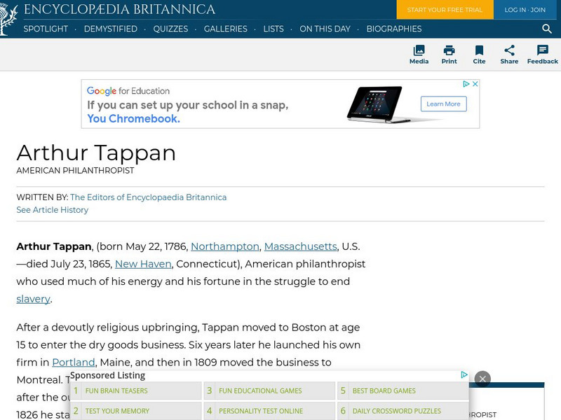 Encyclopedia Britannica: Arthur Tappan Handout Encyclopedia Britannica: Arthur Tappan Handout