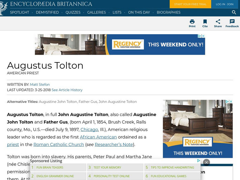 Encyclopedia Britannica: Augustus Tolton Handout Encyclopedia Britannica: Augustus Tolton Handout