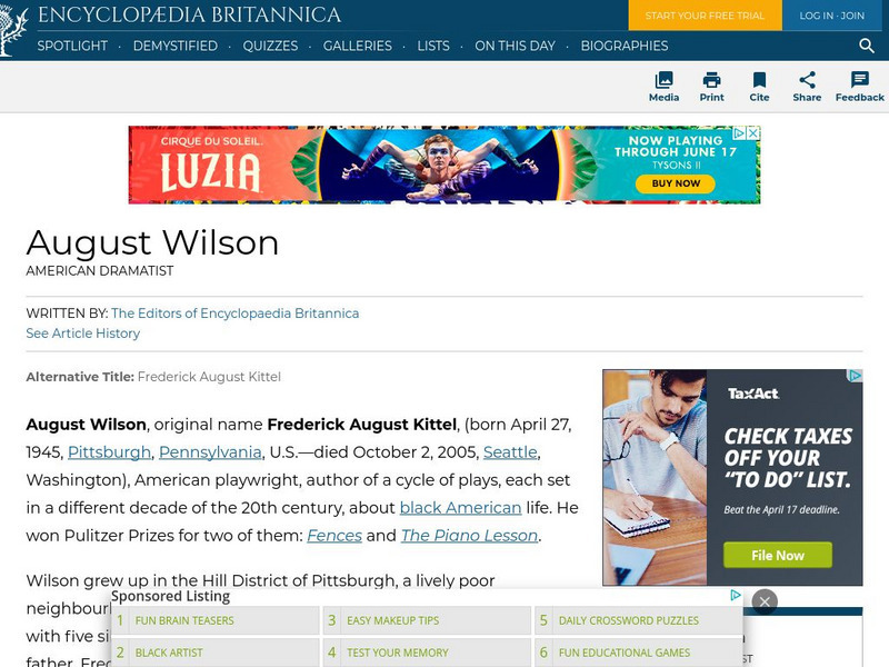 Encyclopedia Britannica: August Wilson Handout Encyclopedia Britannica: August Wilson Handout