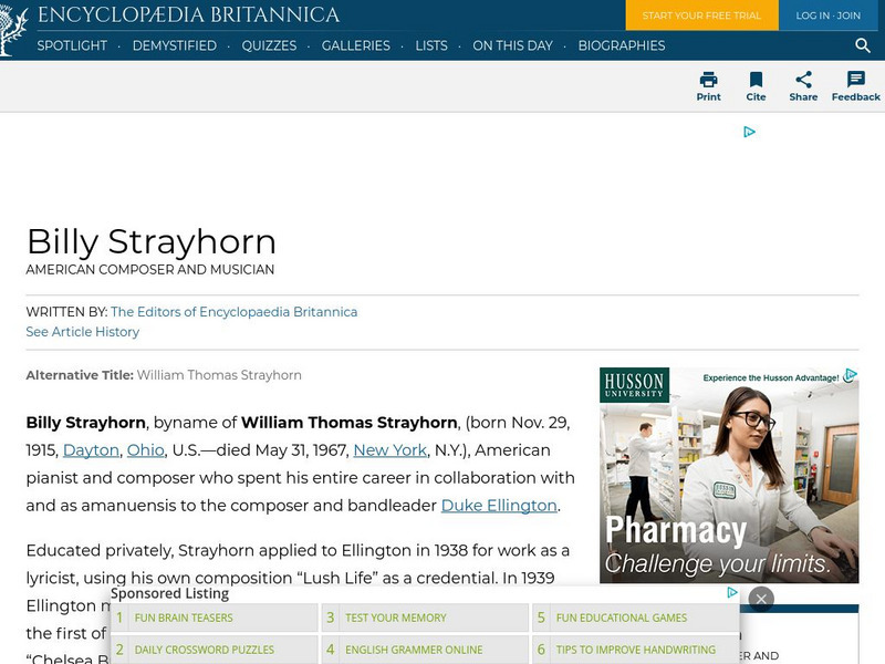 Encyclopedia Britannica: Billy Strayhorn Handout Encyclopedia Britannica: Billy Strayhorn Handout