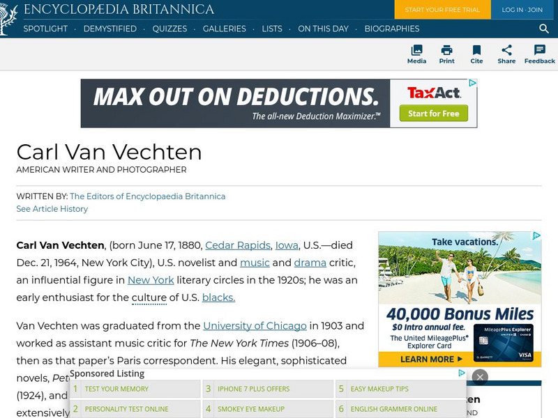 Encyclopedia Britannica: Carl Van Vechten Handout Encyclopedia Britannica: Carl Van Vechten Handout