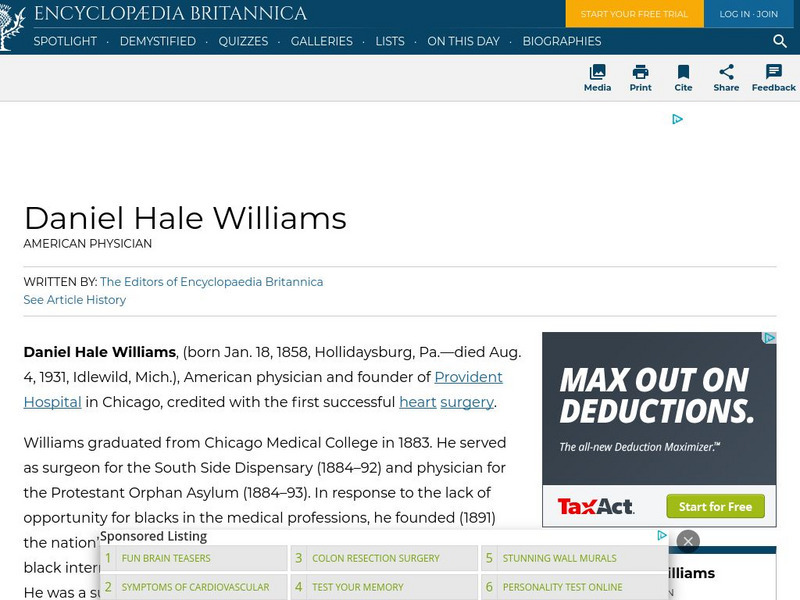 Encyclopedia Britannica: Daniel Hale Williams Handout Encyclopedia Britannica: Daniel Hale Williams Handout