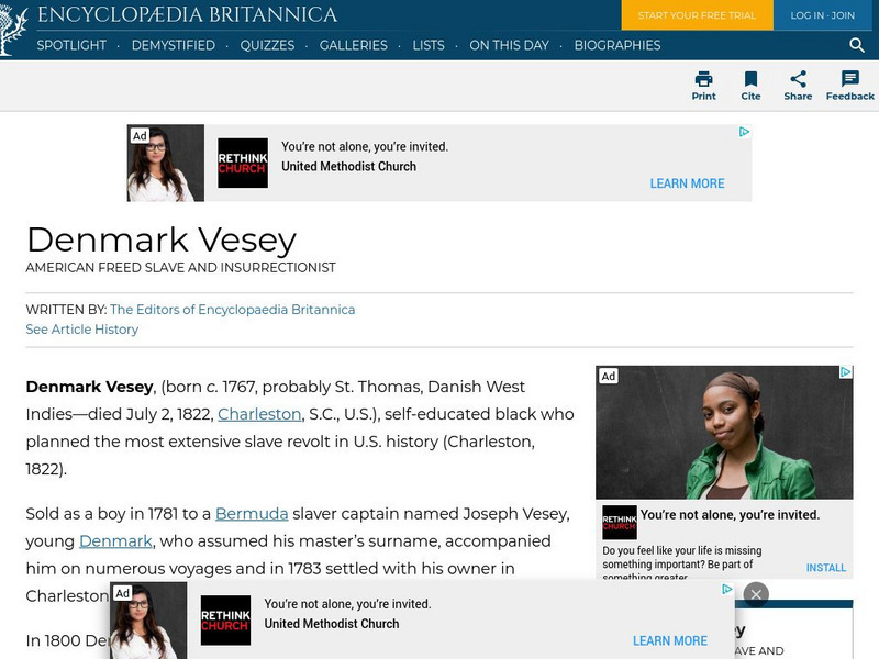 Encyclopedia Britannica: Denmark Vesey Handout Encyclopedia Britannica: Denmark Vesey Handout