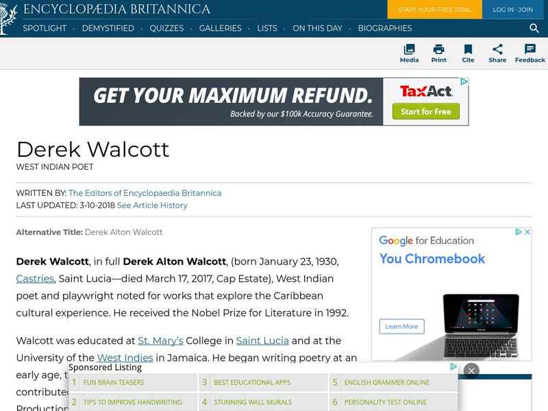 Encyclopedia Britannica: Derek Walcott Handout Encyclopedia Britannica: Derek Walcott Handout