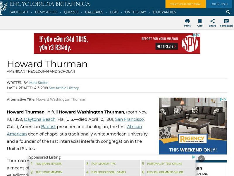 Encyclopedia Britannica: Howard Thurman Handout Encyclopedia Britannica: Howard Thurman Handout