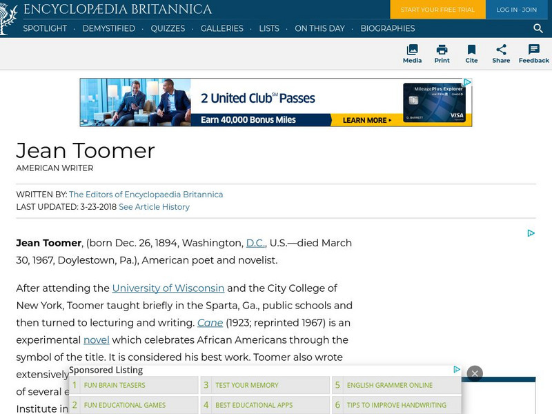 Encyclopedia Britannica: Jean Toomer Handout Encyclopedia Britannica: Jean Toomer Handout