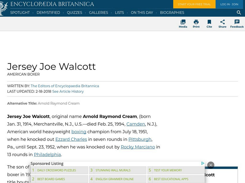 Encyclopedia Britannica: Jersey Joe Walcott Handout Encyclopedia Britannica: Jersey Joe Walcott Handout