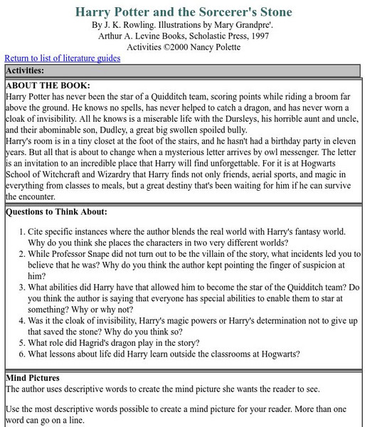 Nancy Polette: "Harry Potter & the Sorcerer's Stone" Literature Guide Unit Plan Nancy Polette: "Harry Potter & the Sorcerer's Stone" Literature Guide Unit Plan