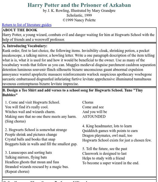 Nancy Polette: "Harry Potter and the Prisoner of Azkaban" Literature Guide Unit Plan Nancy Polette: "Harry Potter and the Prisoner of Azkaban" Literature Guide Unit Plan