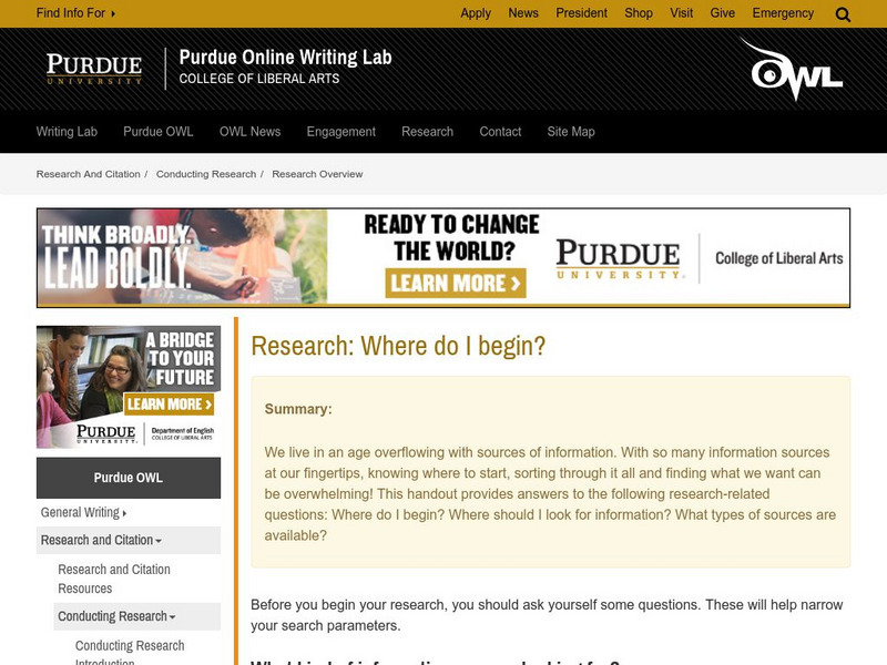 Purdue University Owl: Research: Where Do I Begin? Handout Purdue University Owl: Research: Where Do I Begin? Handout