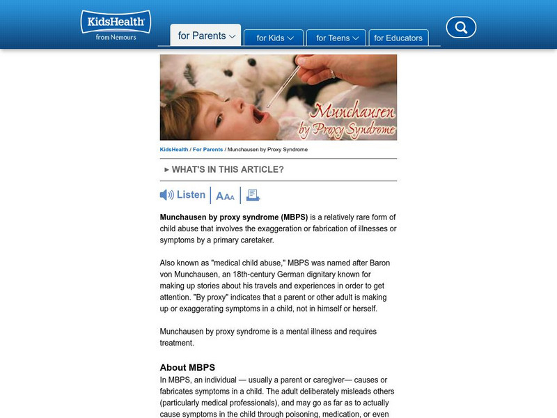 Kids Health: Munchausen by Proxy Syndrome Article Kids Health: Munchausen by Proxy Syndrome Article