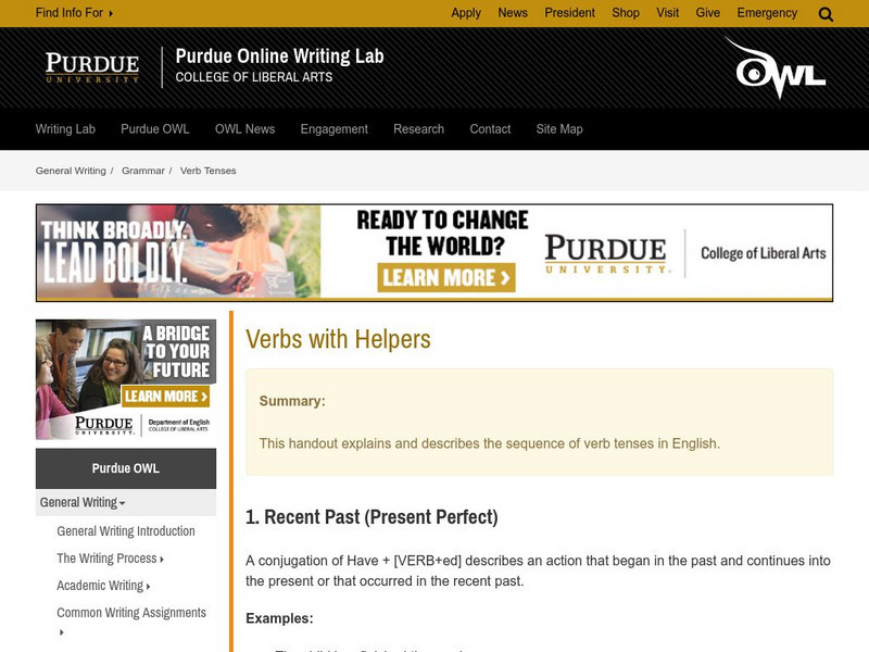 Purdue University Owl: Verbs With Helpers Handout Purdue University Owl: Verbs With Helpers Handout