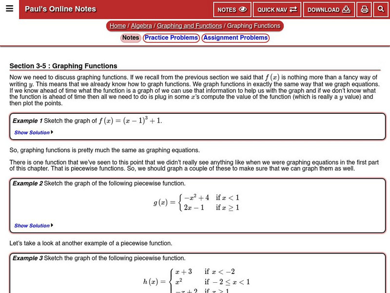 Paul's Online Notes: Algebra: Graphing Functions Handout