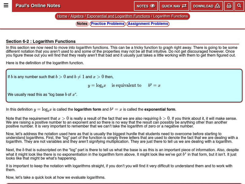 Paul's Online Notes: Algebra: Logarithm Functions Handout Paul's Online Notes: Algebra: Logarithm Functions Handout