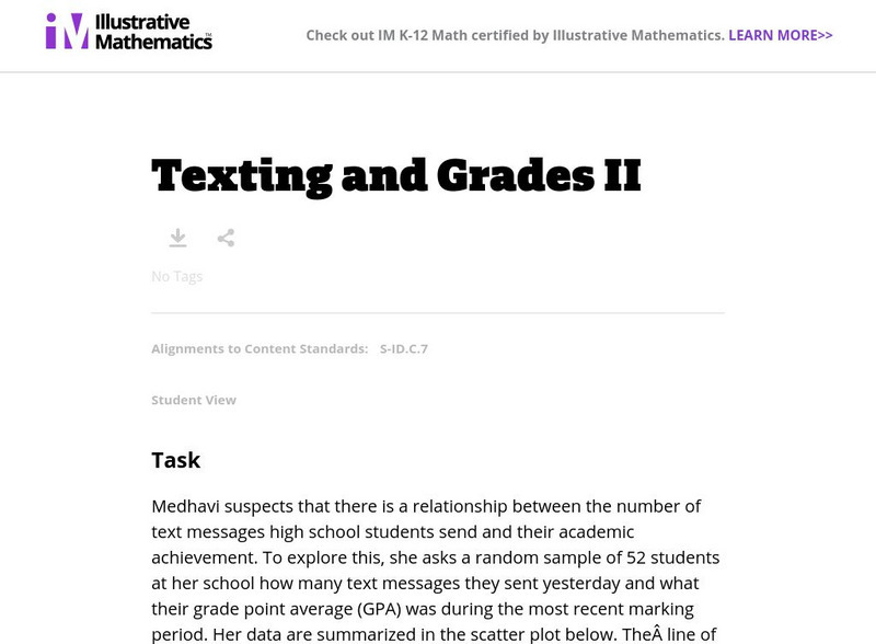 Illustrative Mathematics: S Id.7 Texting and Grades Lesson Plan Illustrative Mathematics: S Id.7 Texting and Grades Lesson Plan