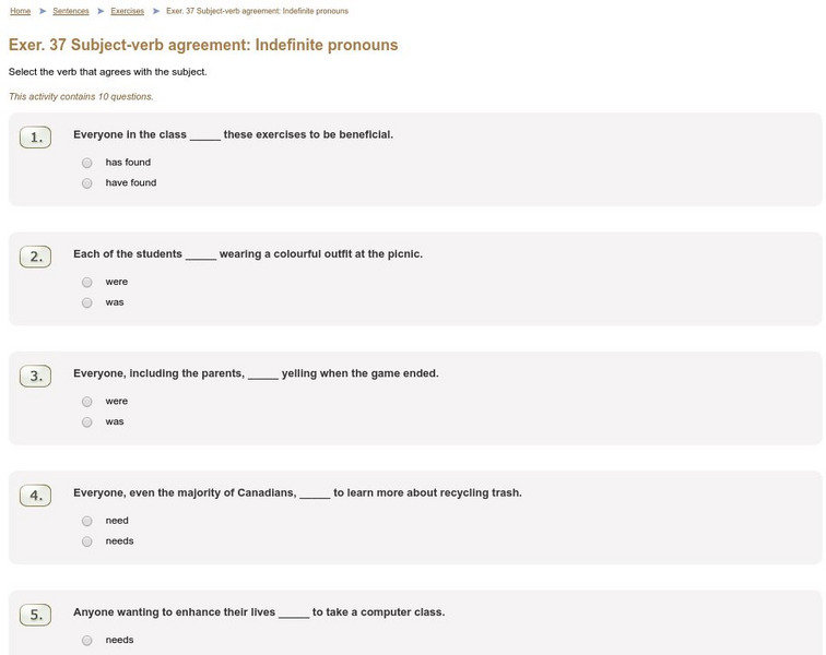 Pearson Education, Inc.: Exer. 37 Subject Verb Agreement: Indefinite Pronouns Unknown Type Pearson Education, Inc.: Exer. 37 Subject Verb Agreement: Indefinite Pronouns Unknown Type
