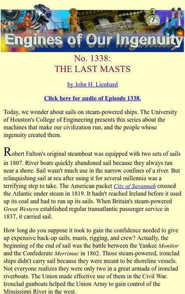 University of Houston: Engines of Our Ingenuity: No. 1338: The Last Masts Article University of Houston: Engines of Our Ingenuity: No. 1338: The Last Masts Article