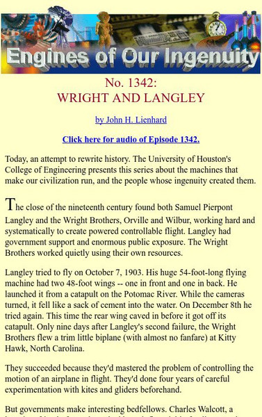 University of Houston: Engines of Our Ingenuity: No. 1342: Wright and Langley Article University of Houston: Engines of Our Ingenuity: No. 1342: Wright and Langley Article