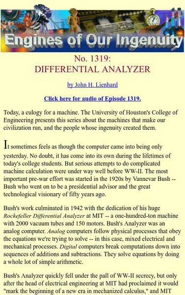 University of Houston: Engines of Our Ingenuity: No. 1319: Differential Analyzer Article University of Houston: Engines of Our Ingenuity: No. 1319: Differential Analyzer Article