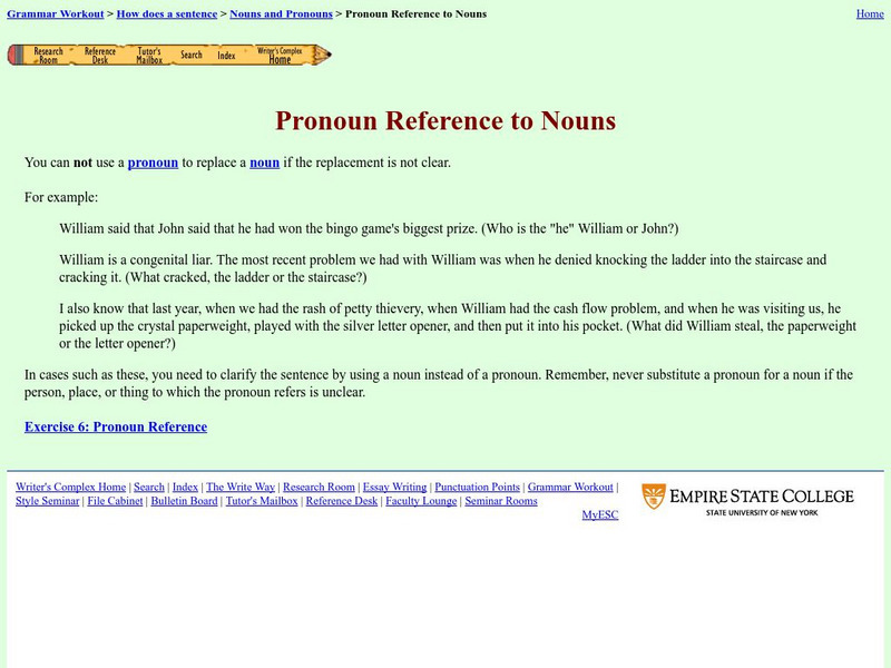 Empire State College: Pronoun Reference to Nouns Handout Empire State College: Pronoun Reference to Nouns Handout