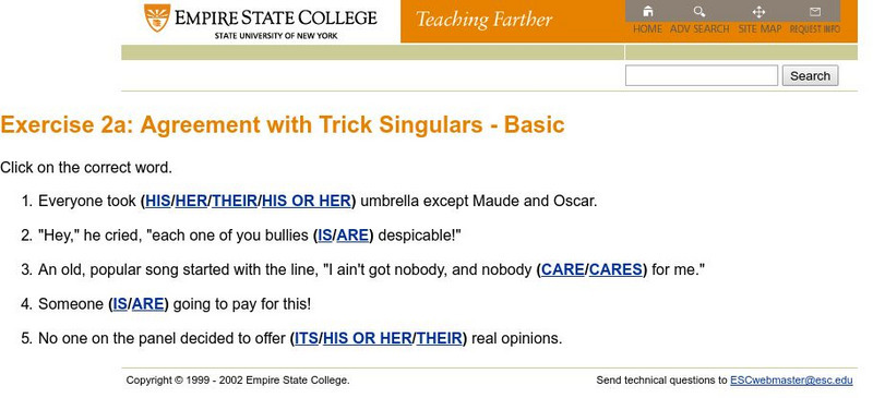 Empire State College: Exercise 2a: Agreement With Trick Singulars Basic Activity Empire State College: Exercise 2a: Agreement With Trick Singulars Basic Activity