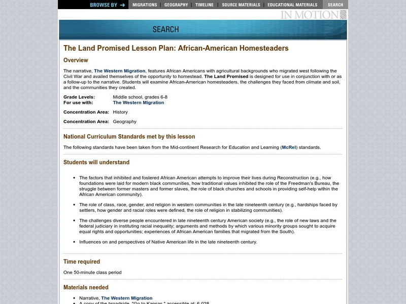 In Motion: The Land Promised Lesson Plan: African American Homesteaders Lesson Plan In Motion: The Land Promised Lesson Plan: African American Homesteaders Lesson Plan