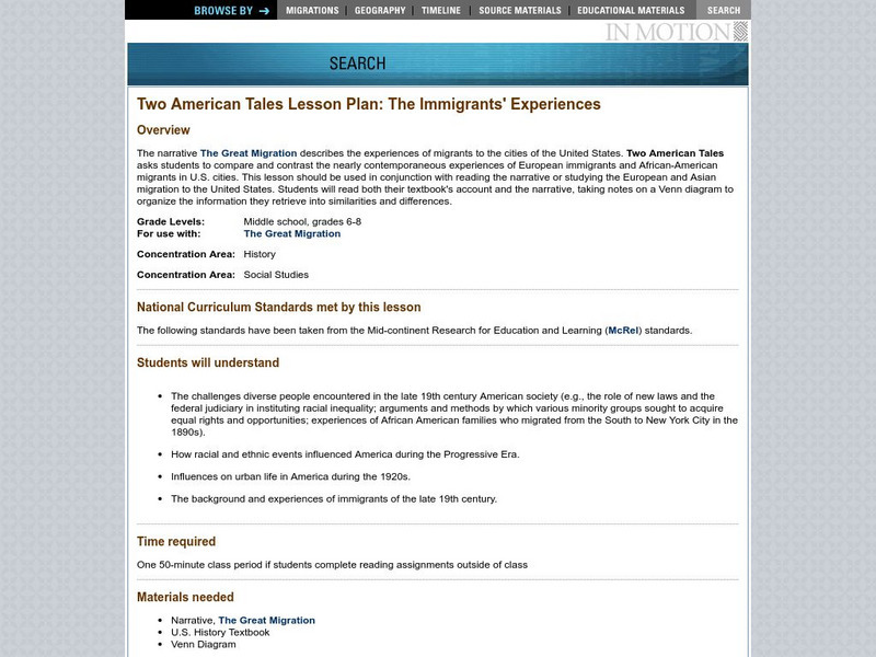The Great Migration: Two American Tales Lesson Plan: The Immigrants' Experiences Lesson Plan The Great Migration: Two American Tales Lesson Plan: The Immigrants' Experiences Lesson Plan