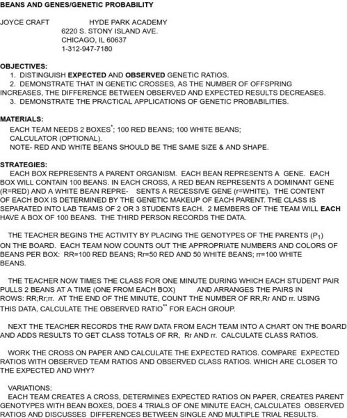 Smile: Beans and Genes/genetic Probability Lesson Plan Smile: Beans and Genes/genetic Probability Lesson Plan