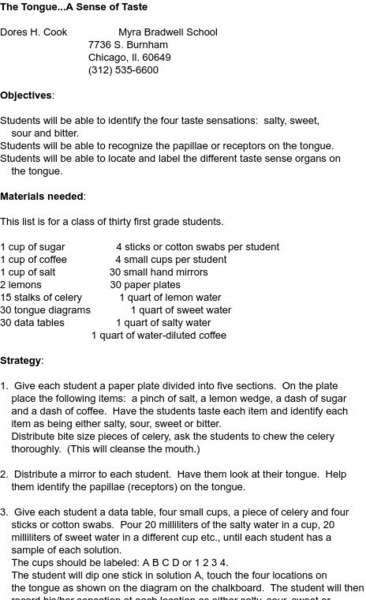 Smile: The Tongue, a Sense of Taste Lesson Plan