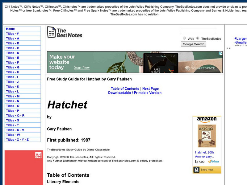 The Best Notes: Hatchet by Gary Paulsen Unit Plan The Best Notes: Hatchet by Gary Paulsen Unit Plan