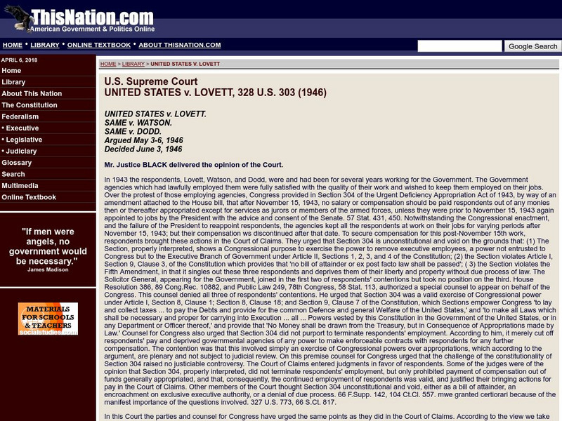 This nation.com: United States v. Lovett Primary This nation.com: United States v. Lovett Primary